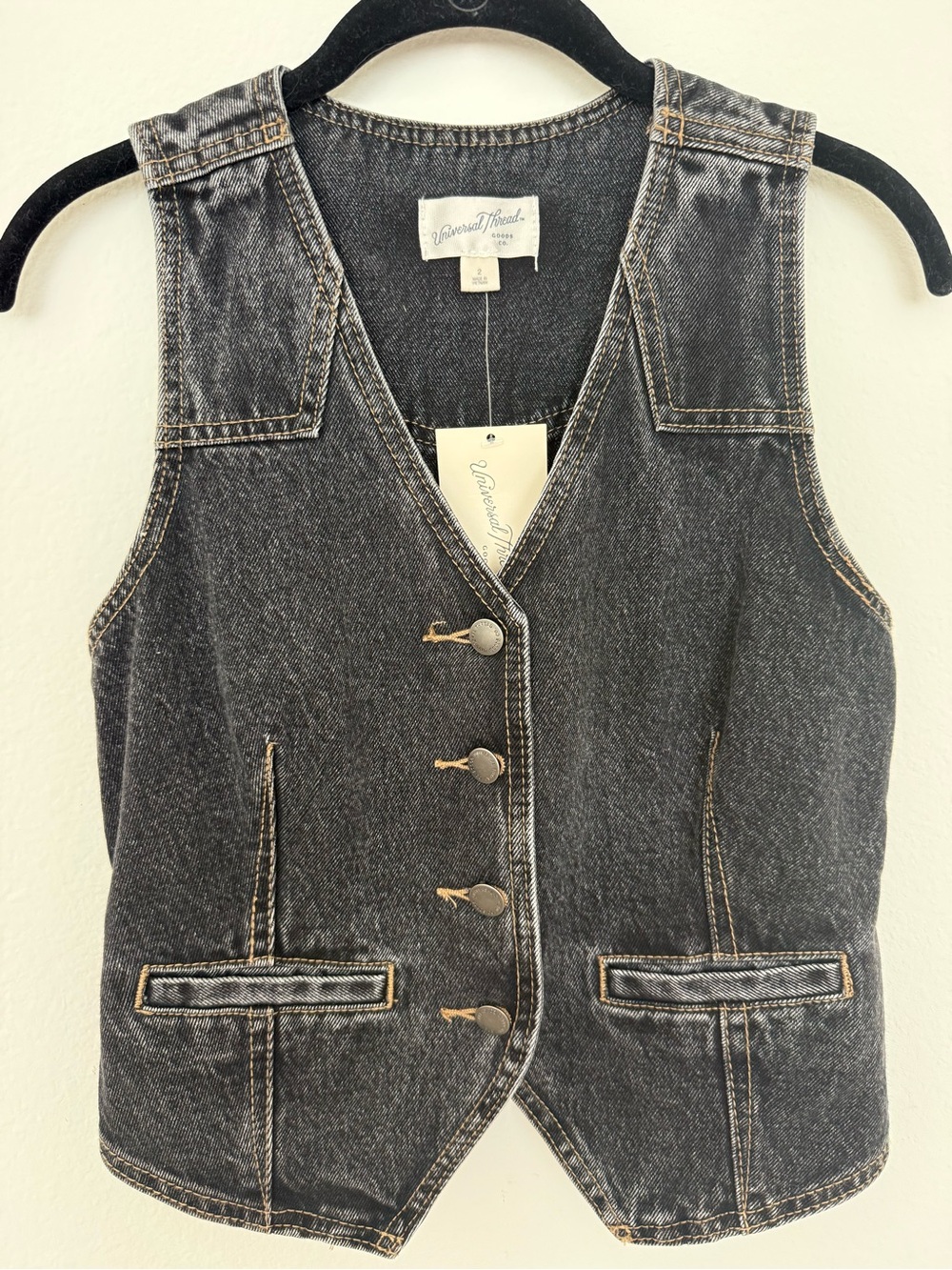 Universal Thread Washed Black Denim Vest with Contrast Stitching